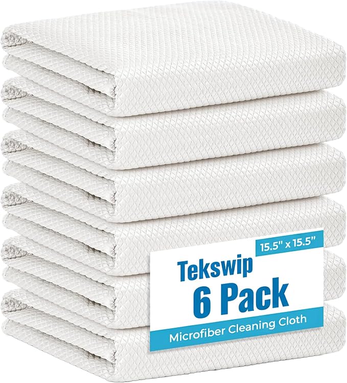 Microfiber Glass Cleaning Cloth 6 Pack, 15.5x15.5 Inch White Magic Cleaning Rags by Tekswip