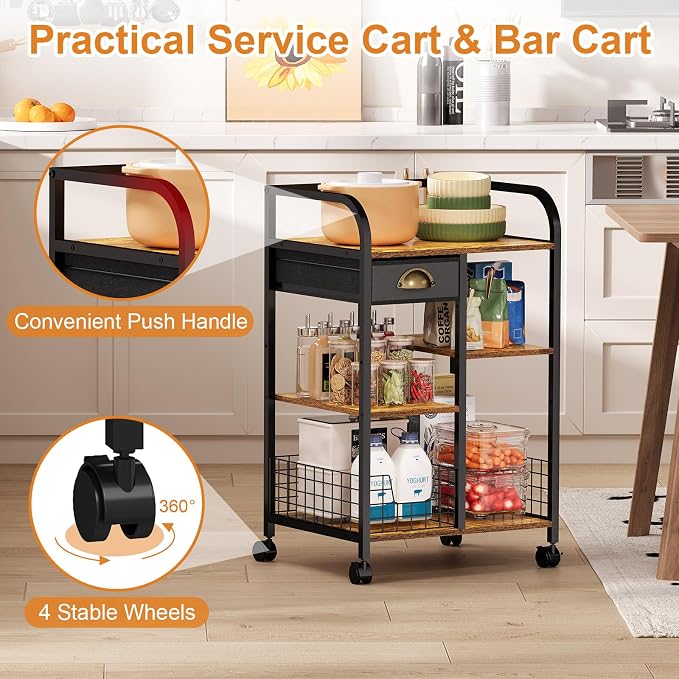keomaisyto Microwave Cart with Storage, Kitchen Island Cart with Table Top & - Image 4