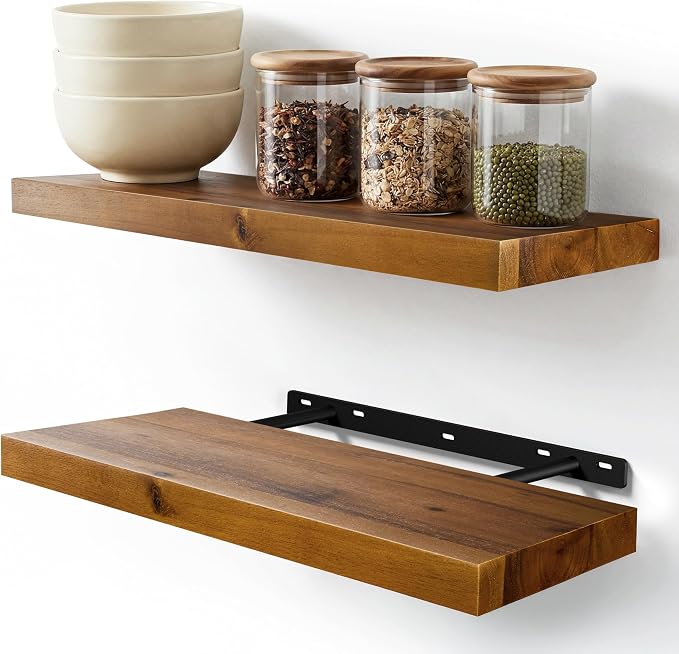 BATODA Set of 2 17" Acacia Wood Floating Shelves Wall Mounted – Rustic by BATODA