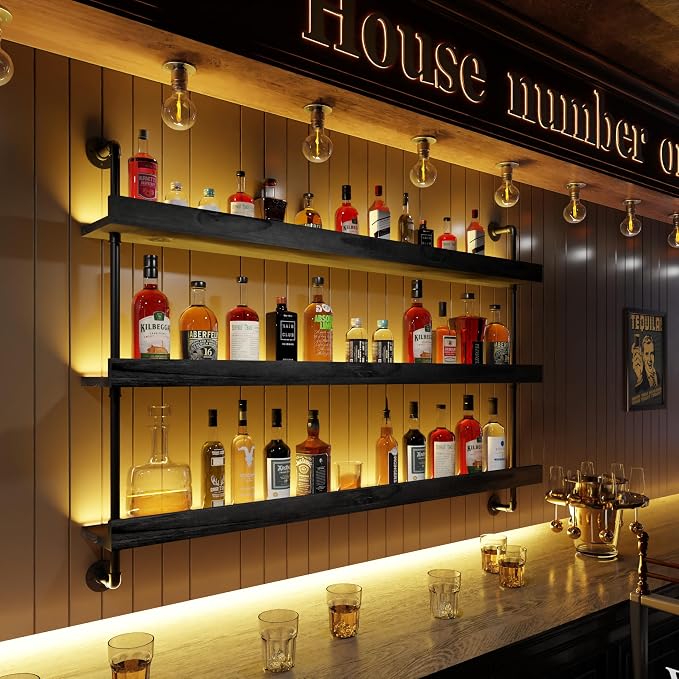 Wall Mounted Wine Rack with LED Light, LED Industrial Pipe Liquor Bar Shelves by Anynice