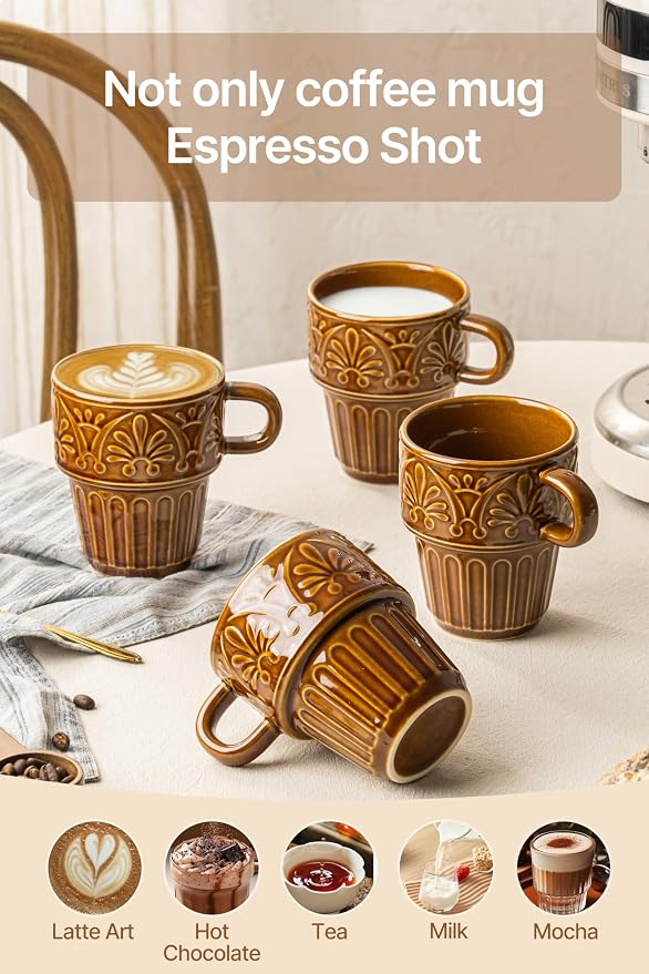 Ceramic Coffee Cups, Coffee Mugs Set of 4, 12 OZ Ceramic Mugs, Stackable Mug - Image 4