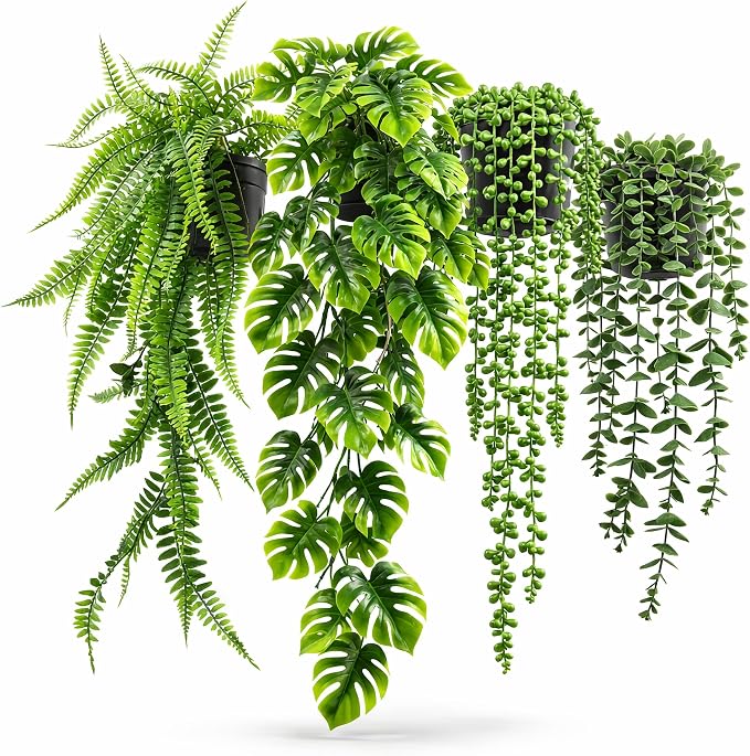 4 Pack Artificial Hanging Plants Indoor – Faux Hanging Wall Plants, String of by GOVIRAYE