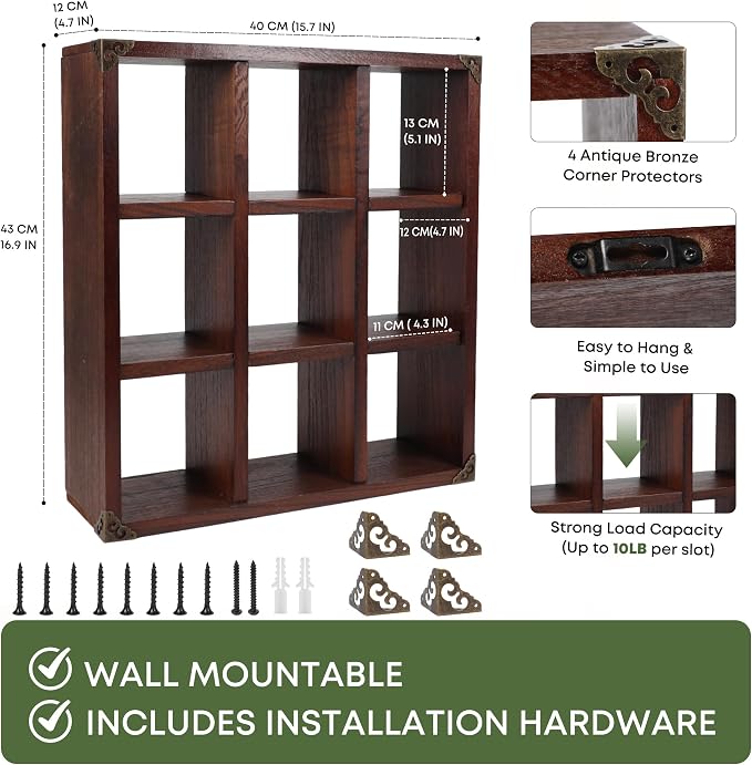 9 Slot Coffee Mug Display Rack - 17in Wall Mounted | Solid Wood - Image 3