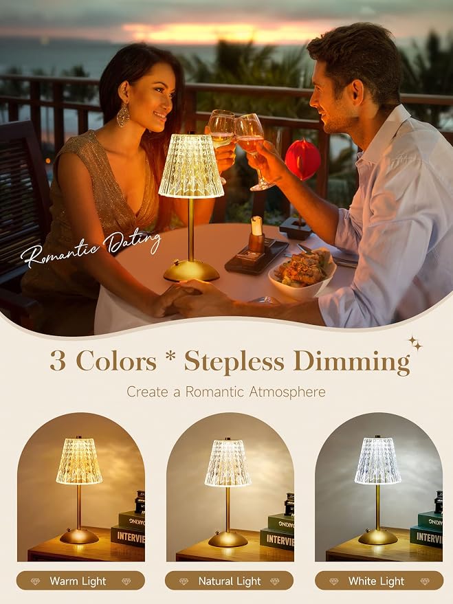 One Fire Nightstand Lamps Set of 2, Dimmable Crystal Table Lamp 3 Colors Gold - Image 3