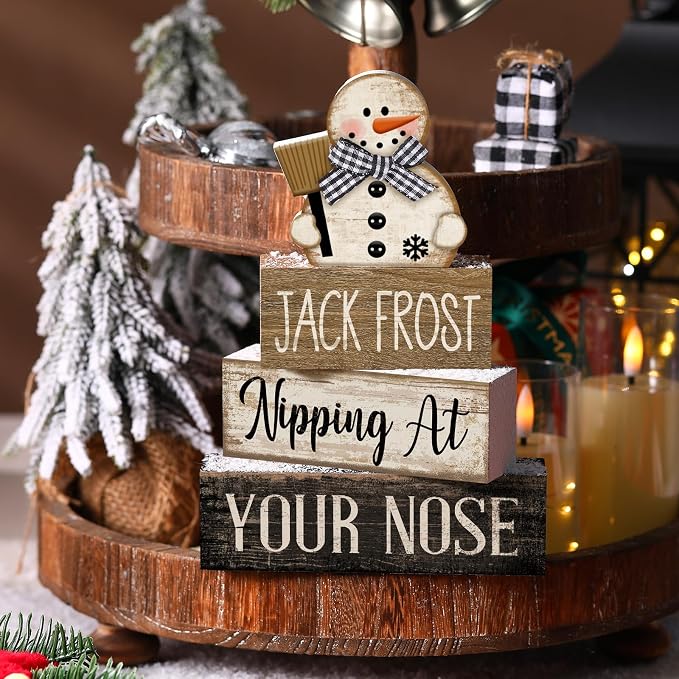 Moucuny 4 Pcs Winter Table Decor Wooden Snowman Black and White Winter Tiered - Image 3