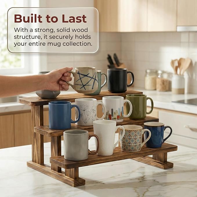 2 Pack 3 Tier Coffee Mug Display Shelf, Wooden Coffee Mug Holder Organizer - Image 7