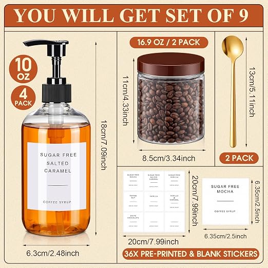 9 Pcs Coffee Syrup Dispenser Set 10.1 Oz/300 ml Plastic Coffee Syrup Dispenser - Image 2