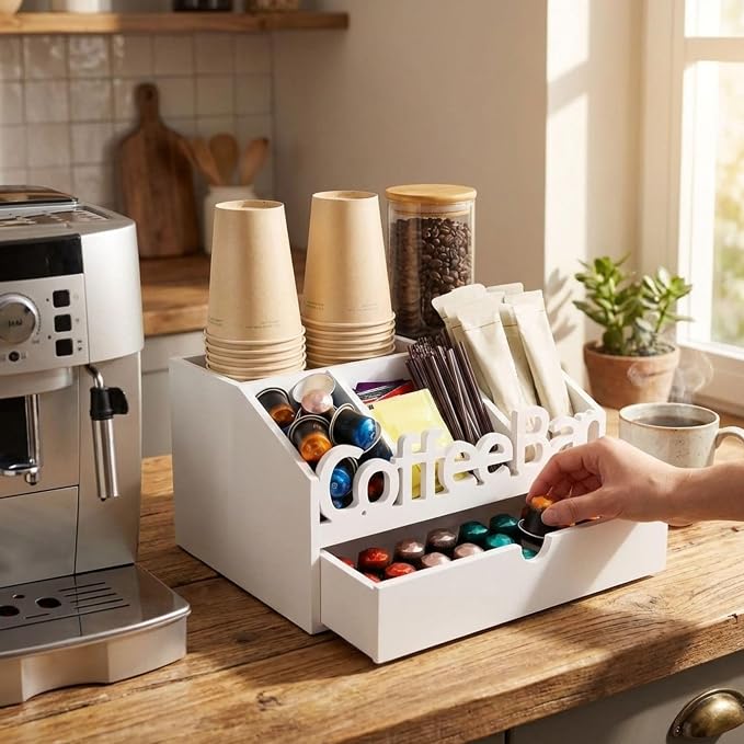 Coffee Bar Organizer Countertop, Wood Coffee Station - Image 7