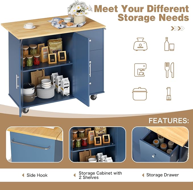 Shintenchi Kitchen Island with Folding Drop Leaf, Rolling Island Table with - Image 6