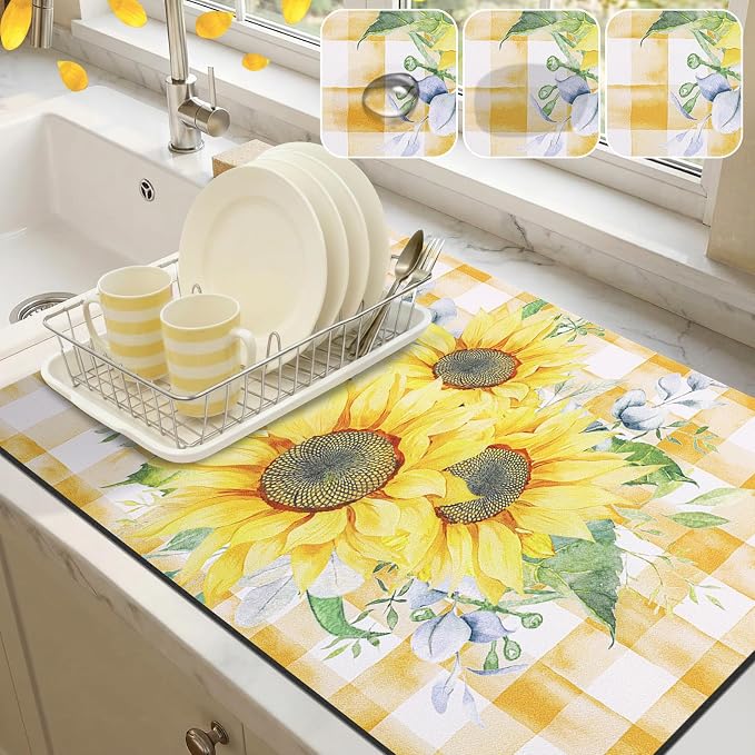 LOKHOM Dish Drying Mat for Kitchen Counter, Vintage Floral Dish Drainer Rack by LOKHOM