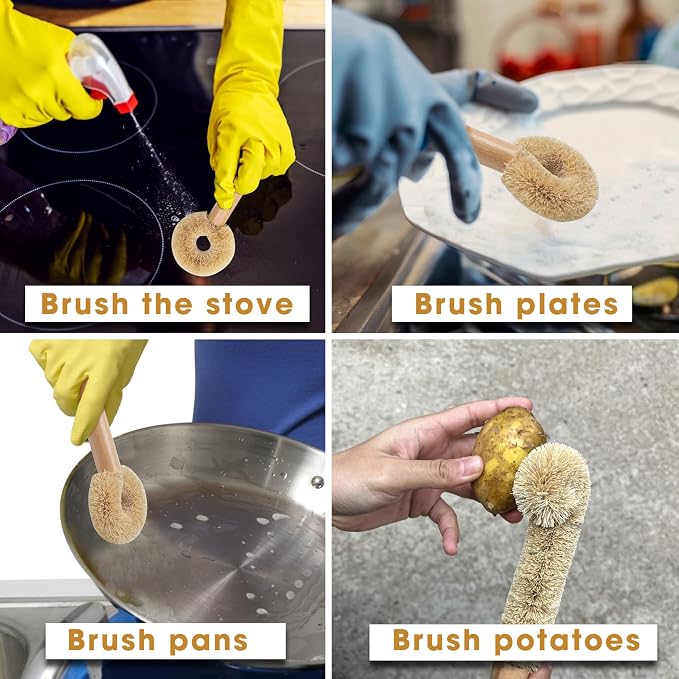 2PCS Coconut Brush Fiber Bottle Wooden Cleaning Brush, Scrub Head - Image 4