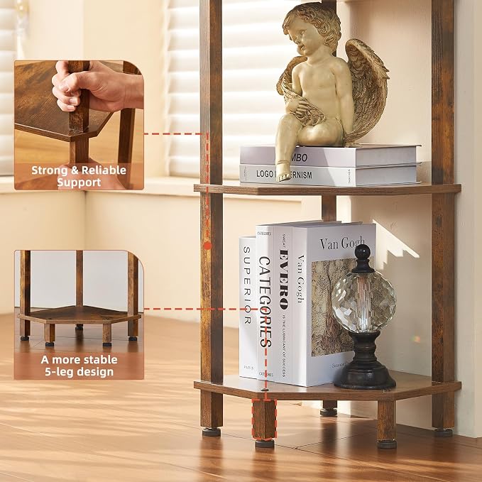 YUFAM 4-Tier Corner Shelf with Sturdy 5-Leg Base, Wooden Corner Bookshelf - Image 4