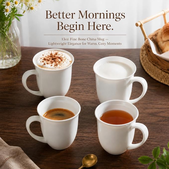 Fine Bone China Coffee Mugs Set of 4, 13 Oz White Tea Cups - Image 5