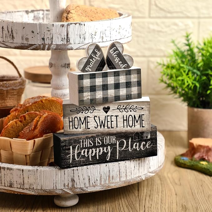 Moucuny 4 Pcs Farmhouse Kitchen Decor Black and White Farmhouse Tiered Tray - Image 5