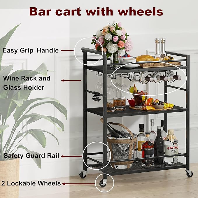 3 Tier Bar Cart, Small Beverage Cart, Mini Bar Cart - Image 5