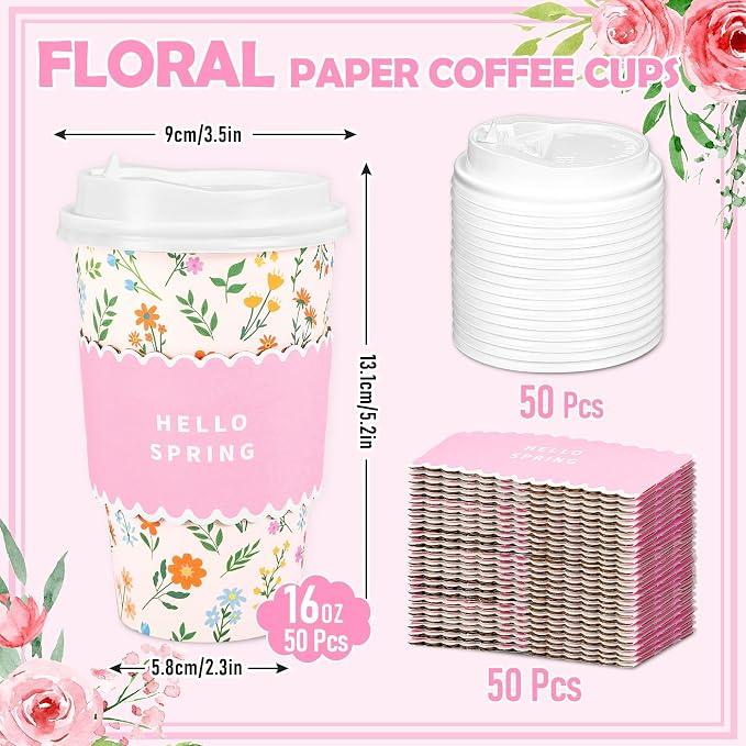 Whaline 50 Set Spring Floral Disposable Coffee Cups - Image 2