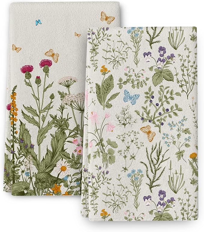 Spring Floral Kitchen Towels Decorative Set of 2, Summer Flower Dish Towels by Bapcoku