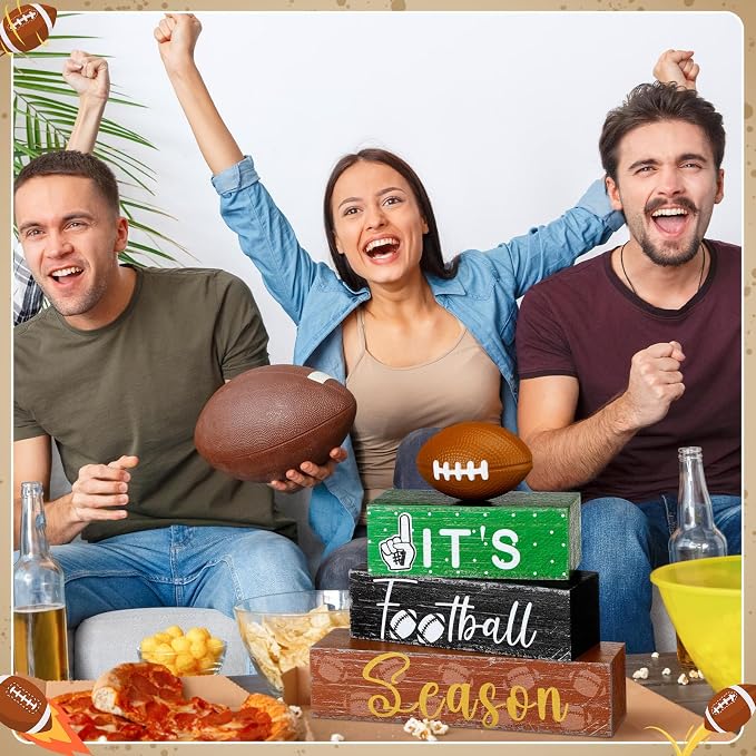 Geelin 4 Pcs Football Table Decorations Football Tiered Tray Decor Wooden Sign - Image 3