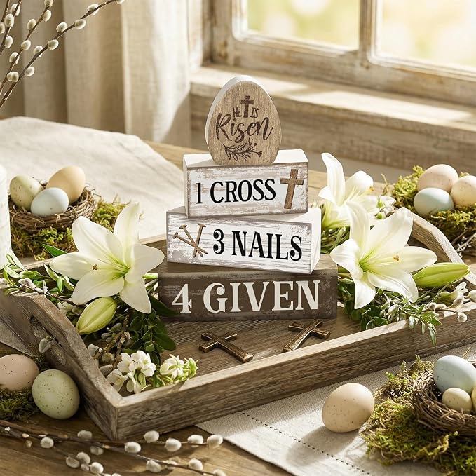 Lineshading 4 Pcs Easter Table Decoration Easter Gifts He Is Risen Tiered Tray - Image 2