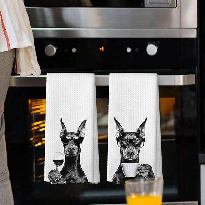 Funny Doberman Kitchen Towels Set of 2, Funny Dog Kitchen Accessories, Coffee - Image 2