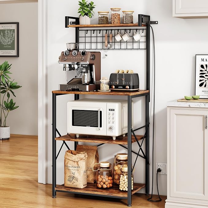 SNTD Bakers Rack with Power Outlet, Kitchen Shelves Microwave Stand with Wire by SNTD