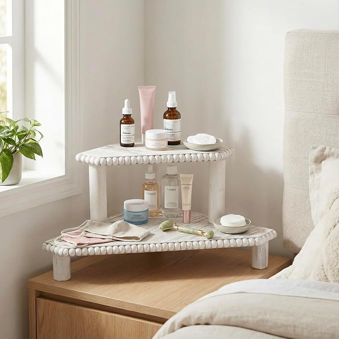 2-Tier Rustic Corner Shelf for Kitchen Counter, Wood Beaded Farmhouse - Image 7