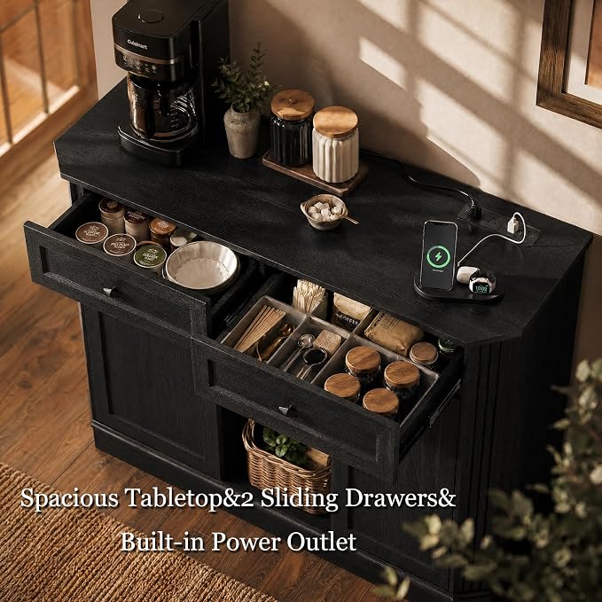 Black Coffee Bar with 2 Drawers & 2 Doors, LED Wine Bar Cabinet with Wine - Image 4
