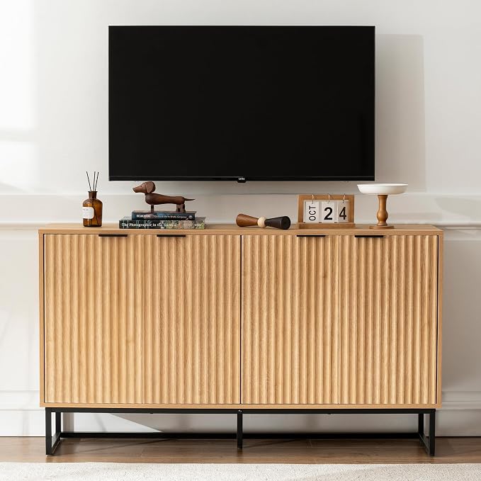 Fluted Storage Cabinet with 4 Doors, Natural Oak - Image 4