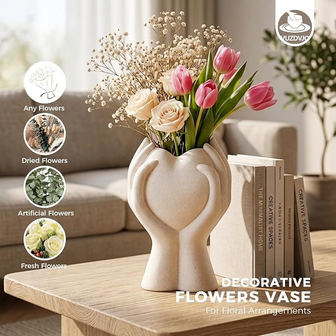 8 Inch Heart Hand White Ceramic Vase - Image 2