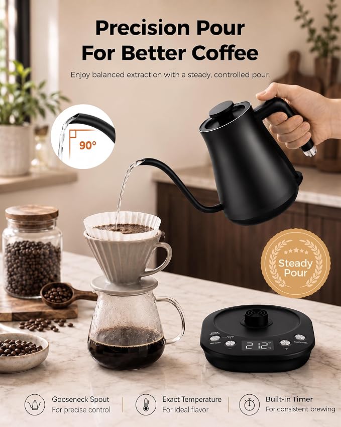 Gooseneck Electric Kettle with ±1℉ Temperature Control, 304 Stainless Steel - Image 2