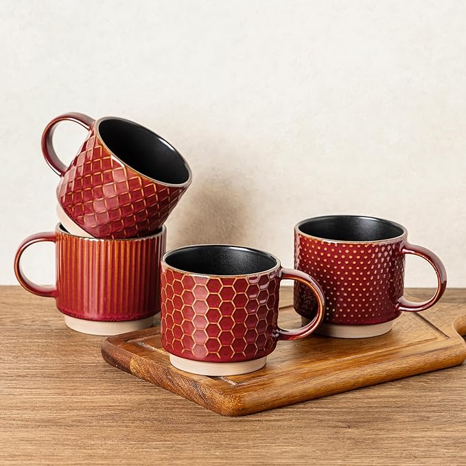 GBhome 12 OZ Stackable Coffee Mugs Set of 4, Ceramic Coffee Cups by GBhome
