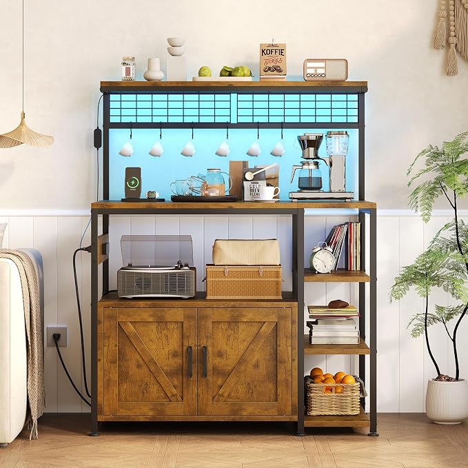 TVU Bakers Rack with Power Outlet and LED Light, Microwave Stand with Storage - Image 5