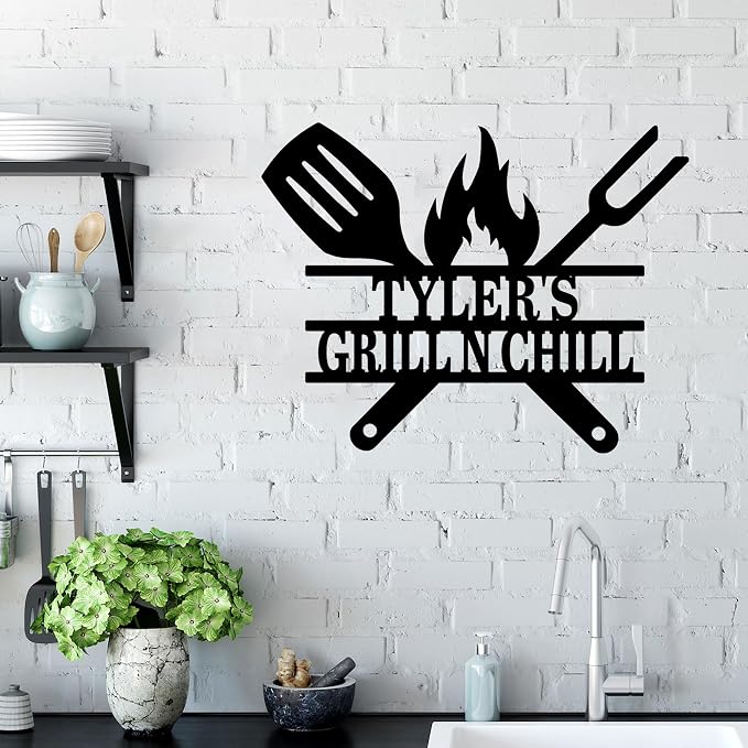 Custom Grill N Chill Metal Wall Art, Personalized Bbq Name Sign Decoration - Image 3