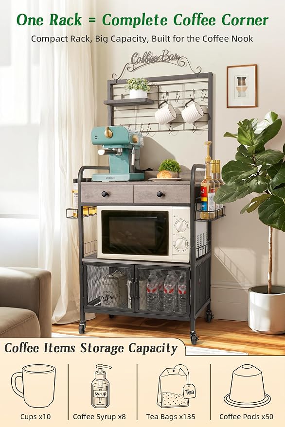 Coffee Bar Cabinet with Storage, Coffee Cart with Wheels, Coffee Station with - Image 3