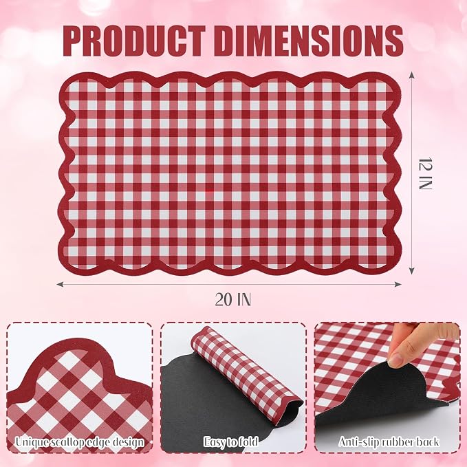 Scalloped Gingham Coffee Mat 12" x 20" Absorbent Coffee Bar Mat Brown Gingham - Image 2