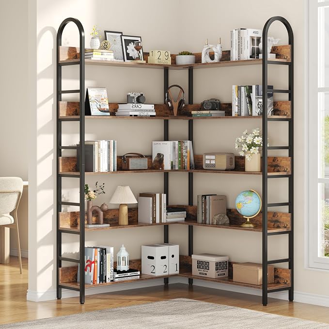 5 Tiers Tall Corner Bookshelf, Large Heavy Duty Industrial Corner Bookcase by Semoic