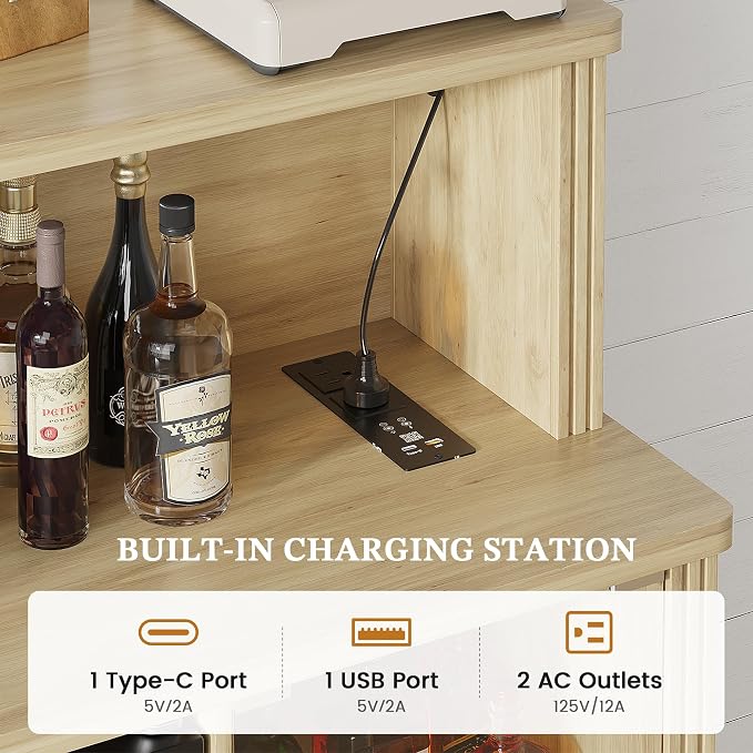 47'' Wine Bar Cabinet with Mini Fridge Space & Charging Station, Coffee Bar - Image 6