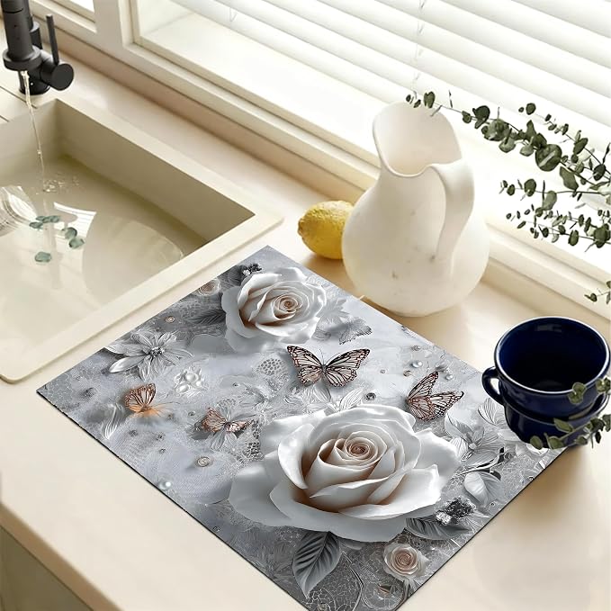 White Rose Butterfly Stove Top Cover 28.3 x 20.5 Inches, Heat Resistant Glass - Image 3