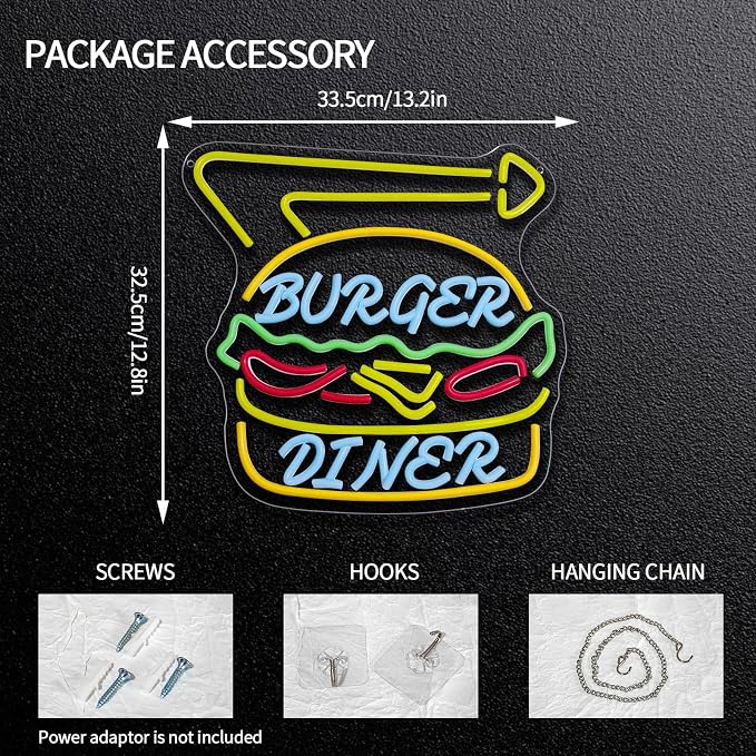 Diner Burger Neon Sign for Bussiness Dimmable Hamburger Neon Light Sign for - Image 2