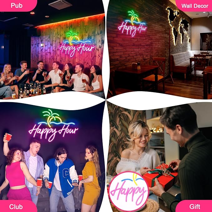 Kavaas Happy Hour Neon Sign 15.7" x 11.2", Palm Tree Neon Bar Signs - Image 7