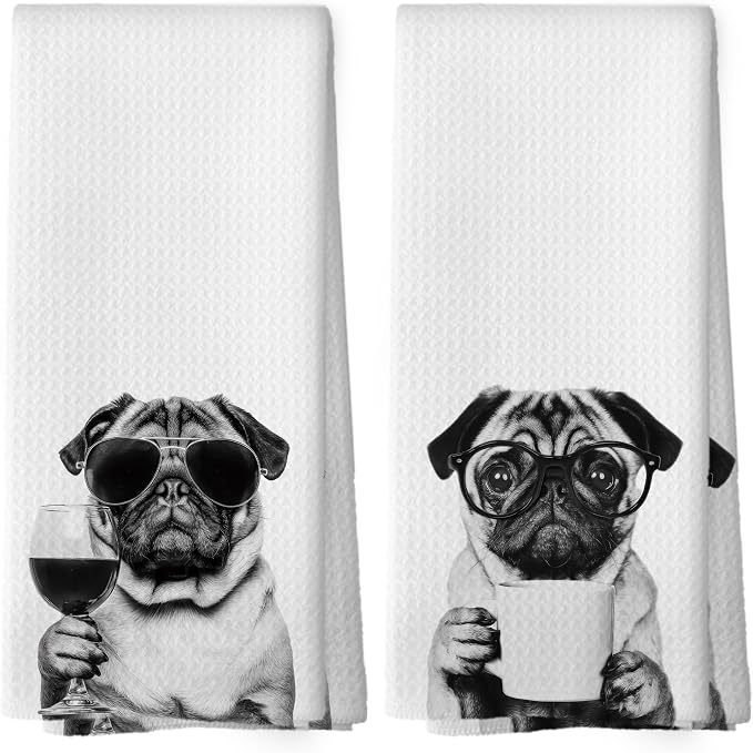 Funny Pug Kitchen Towels Set of 2, Funny Dog Kitchen Accessories, Coffee by Mcehtle