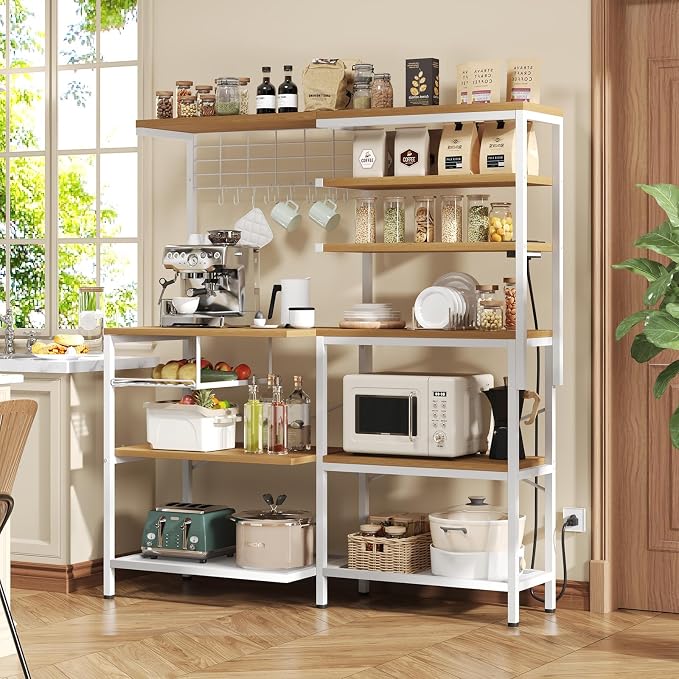 L-Shaped Bakers Rack with Power Outlet, 6-Tier Microwave Stand with Open Storage by WelcometoIABIFO