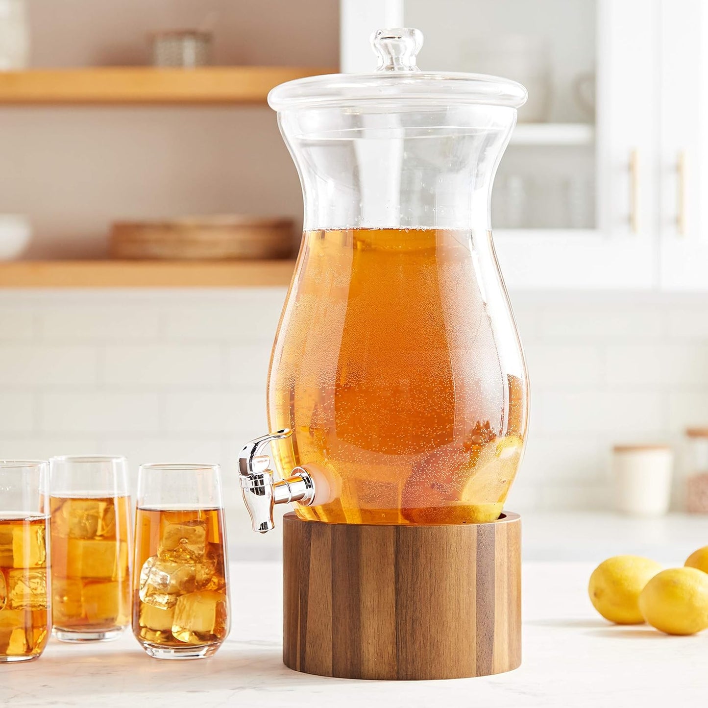 Style Setter 210767 Madera Beverage Dispenser, Clear, Wood Base, 1.6 Gallon
