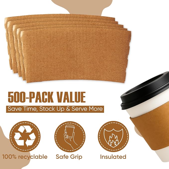 Concession Essentials Disposable Coffee Cup Sleeves – Kraft Paper Insulated Hot - Image 3