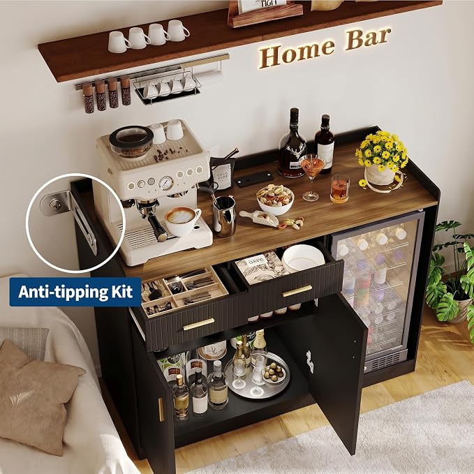 Garvee Coffee Bar Cabinet with Fridge Space, Fluted Wine Cabinet with Charging - Image 6