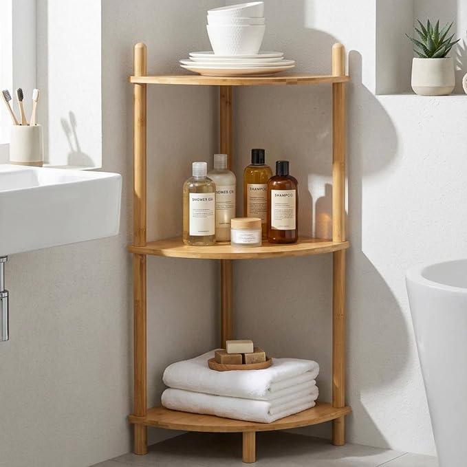 3-Tier Expandable Bamboo Corner Shelf Stand, Corner Bookshelf, Display Storage by WooFawn