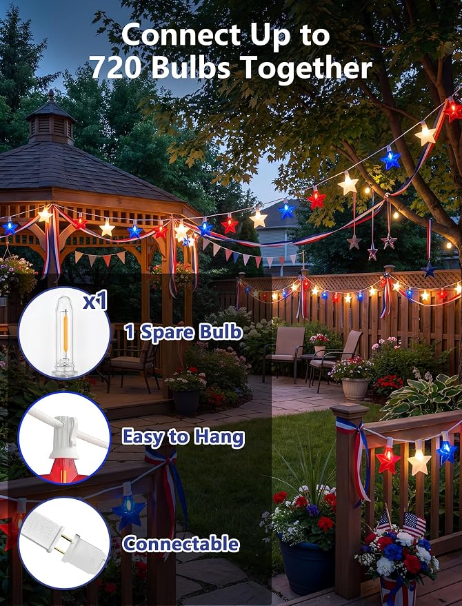 10.5FT Red White and Blue Star String Lights, 10 LED Star Patriotic Lights - Image 4