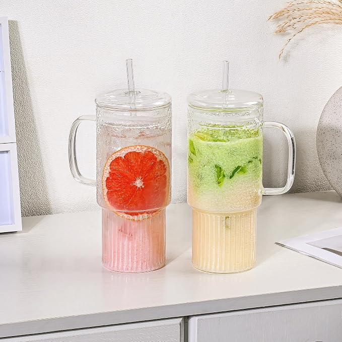 32oz Glass Cups with Handle & Glass Lids and Straws, 2 Pack Large Borosilicate - Image 4