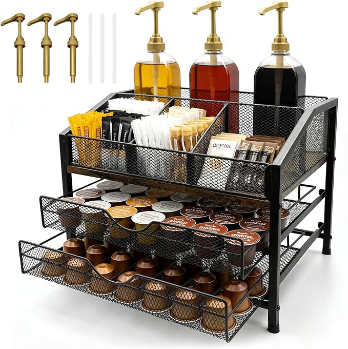 Coffee Bar Organizer with 3 Syrup Pumps, 3-Tier Coffee Station Organizer by Unknown