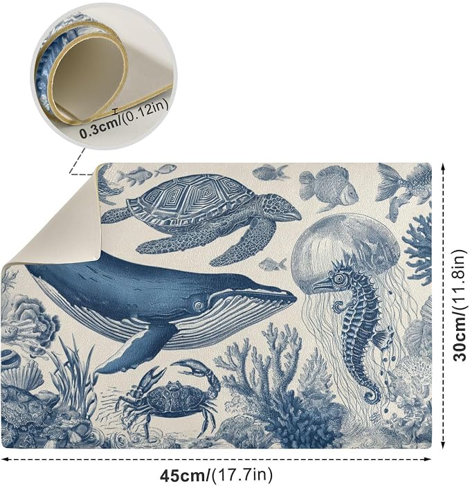 Deep Blue White Whale Turtle Jellyfish Retro Marine Style Coffee Mat Coffee Bar - Image 3